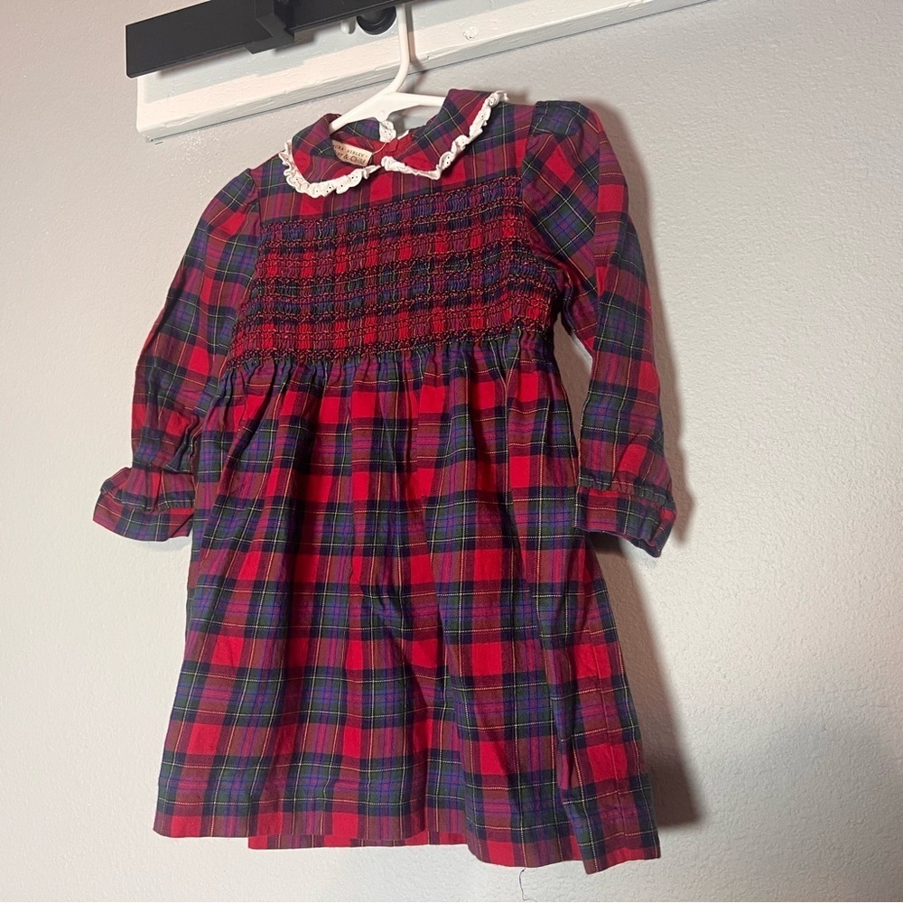 Vintage Laura Ashley Girls Plaid Dress Red Green Size 12 Months Peter Pan Collar